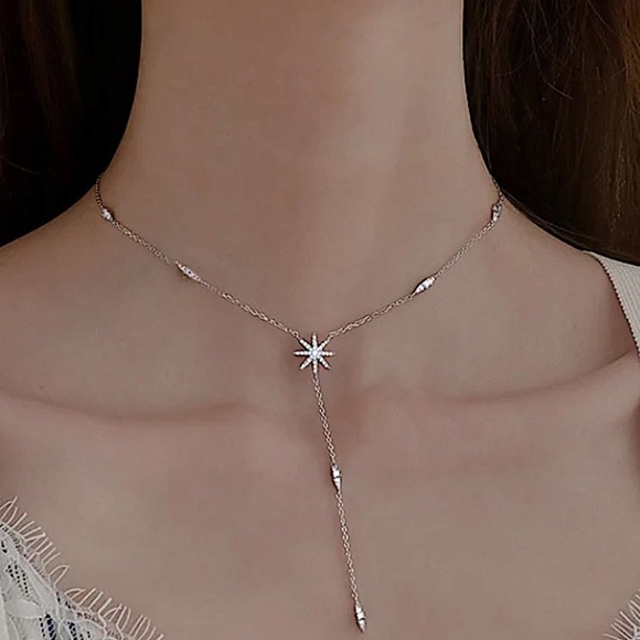 Sterling Silver Dainty Star Necklace, CZ Necklace, North Star Crystal - Picture 2 of 11